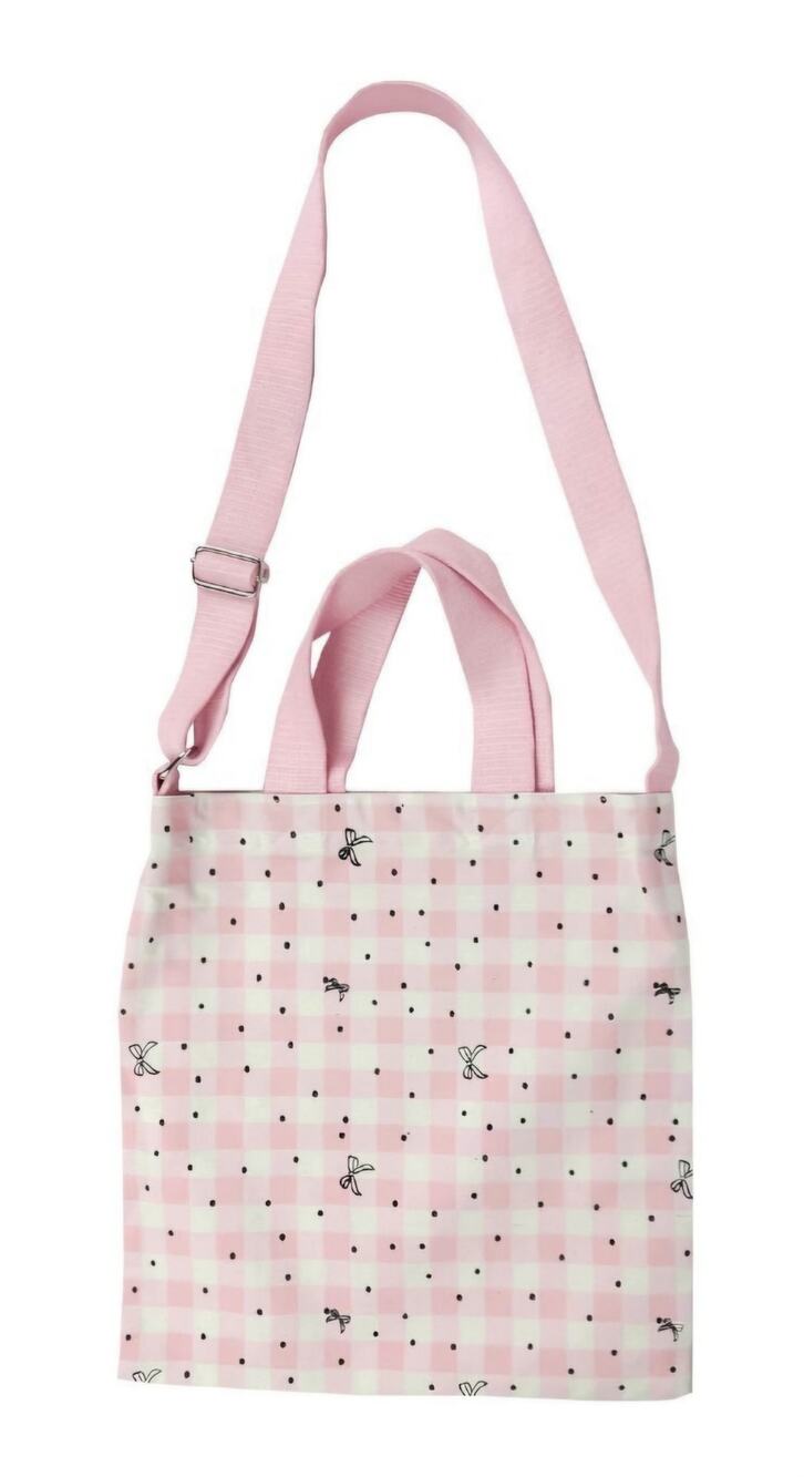 Large Crossbody Reusable Pink Bows Tote Bag Canvas Ivory Adjustable Strap NWT